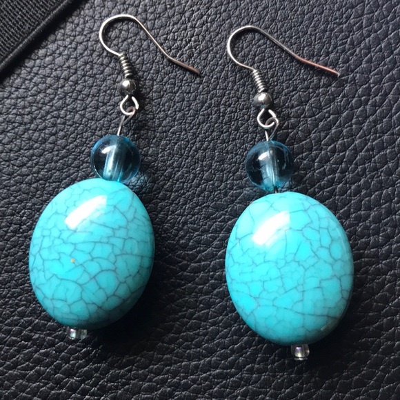 Turquoise Magnesite Stone Blue wiring dangle earring oval 2” - Picture 4 of 9